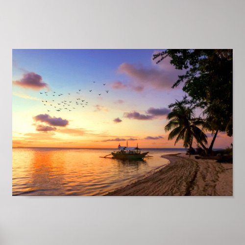 Tropical Beach Tahiti Island Sunset Poster