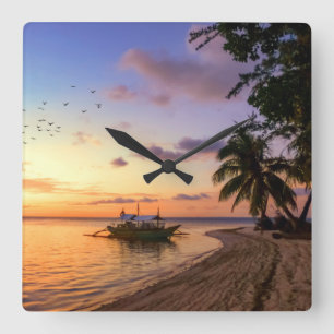 Tropical Beach Tahiti Island Sunset Square Wall Clock