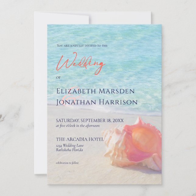 Tropical Beach Teal & Coral Conch Shell Wedding Invitation (Front)