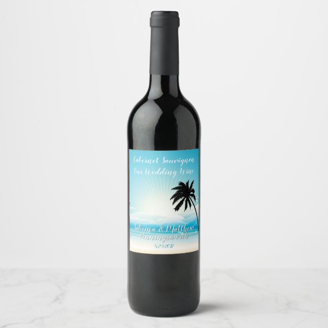 Tropical Beach Teal Wedding Wine Label (Front)
