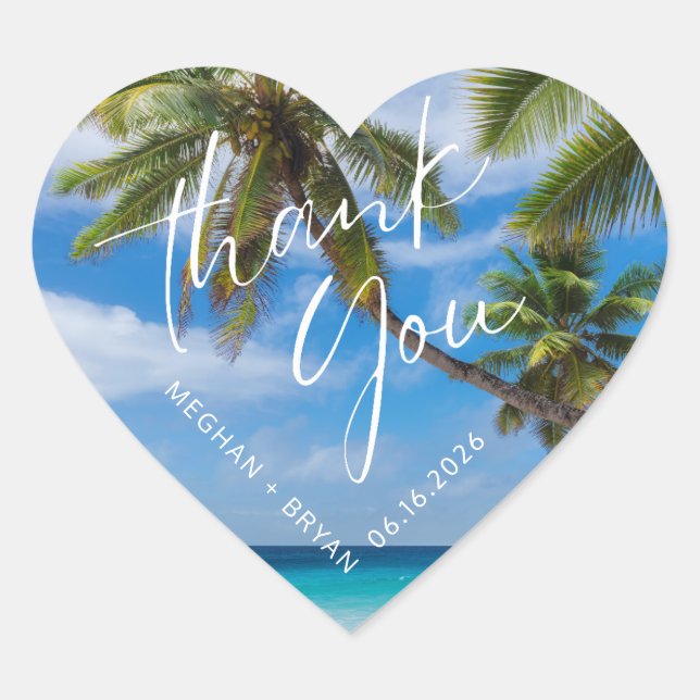 Tropical Beach Thank You Wedding Favor Heart Sticker (Front)
