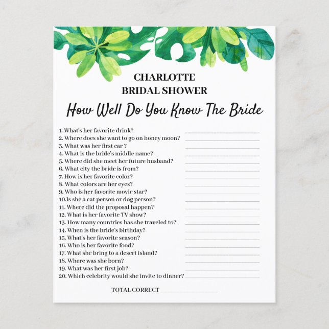 Tropical Beach Theme Bridal Shower Trivia Question Flyer (Front)