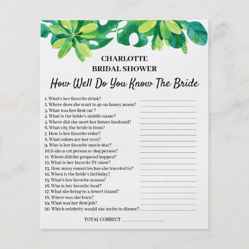 Tropical Beach Theme Bridal Shower Trivia Question Flyer