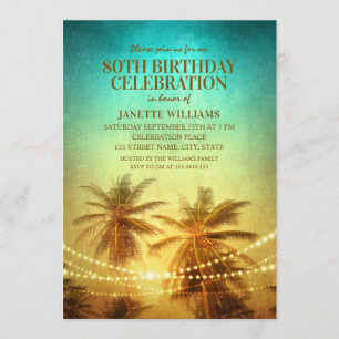 Tropical Beach Themed 80th Birthday Party Hawaiian Invitation