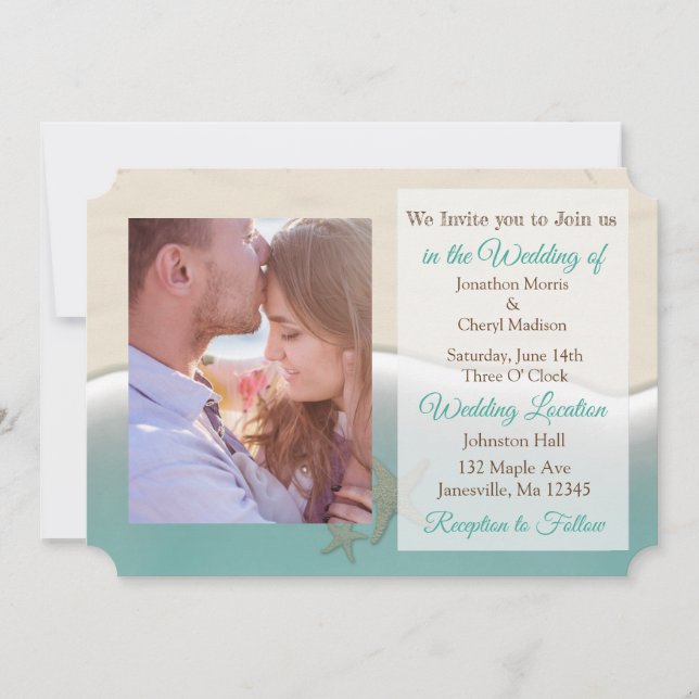 Tropical Beach Themed Photo Wedding Invites (Front)