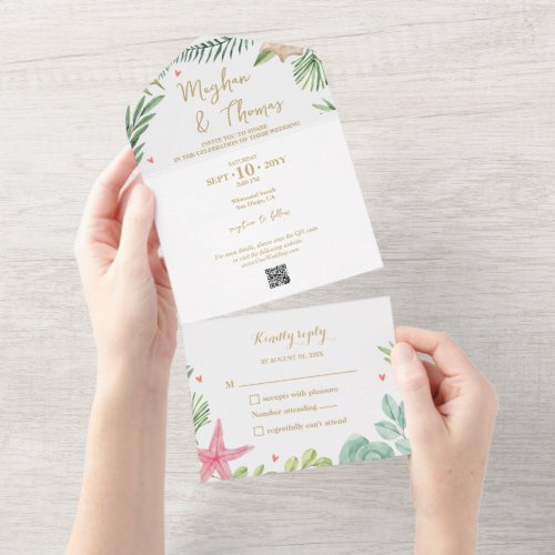 Tropical Beach Themed Wedding with QR Code RSVP All In One Invitation