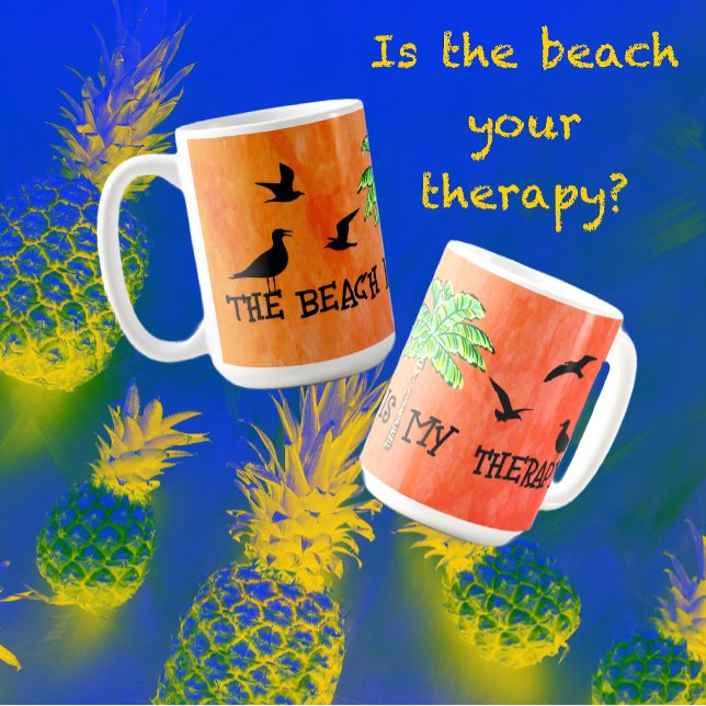 Tropical Beach Therapy Palm Tree Seagulls  Coffee Mug (Fun retro colorful design on this mug says "the beach is my therapy". )