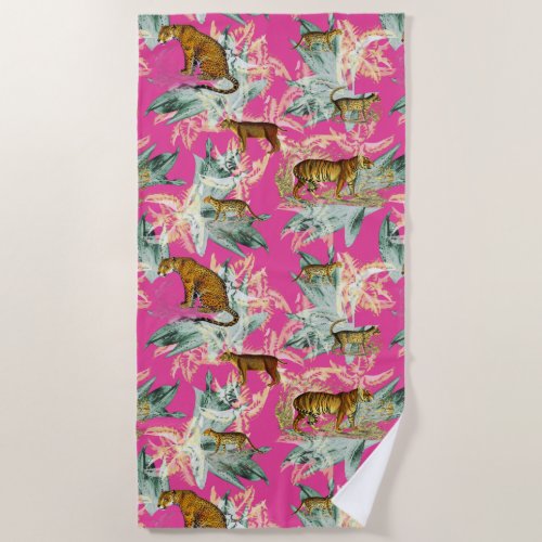 Tropical Beach Tiger Palm Trees in Hot Pink Beach Towel