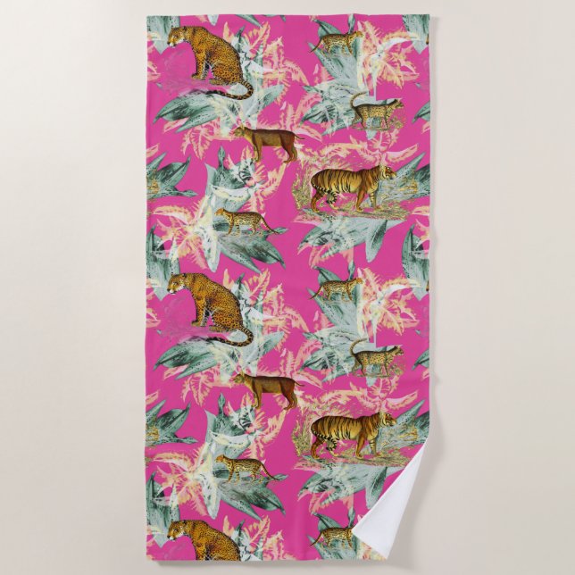 Tropical Beach Tiger Palm Trees in Hot Pink Beach Towel (Front)