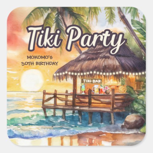 Tropical Beach Tiki Party Birthday Square Sticker