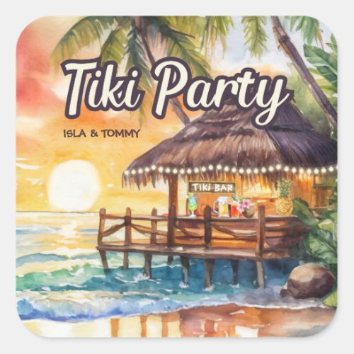 Tropical Beach Tiki Party Wedding Shower Square Sticker