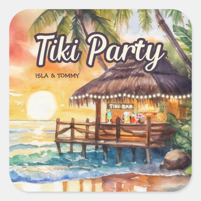 Tropical Beach Tiki Party Wedding Shower Square Sticker (Front)