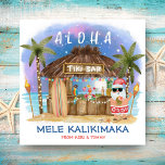 Tropical Beach Tiki Santa Mele Kalikimaka  Holiday Card<br><div class="desc">Tropical, square Christmas card features Santa enjoying a vacation at a Tiki bar on the beach under the moon and stars with palm trees, holiday string lights and Hawaiian "Aloha" and "Mele Kalikimaka" greetings. Tropical cocktails, a pineapple, hibiscus and palm leaves, a surfboard and a parrot in a pirate hat...</div>
