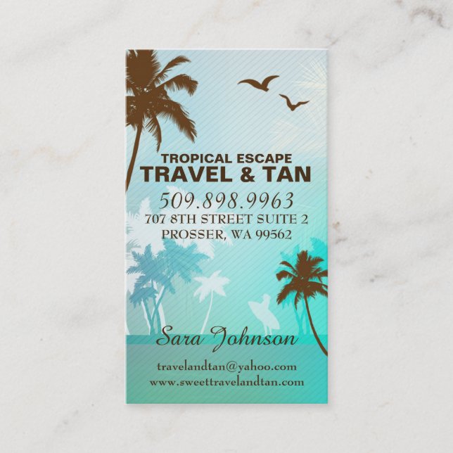 Tropical Beach Travel & Tan Business Card Blue (Front)
