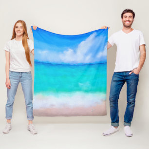 Tropical Beach Turquoise Blue White Watercolor Fleece Blanket