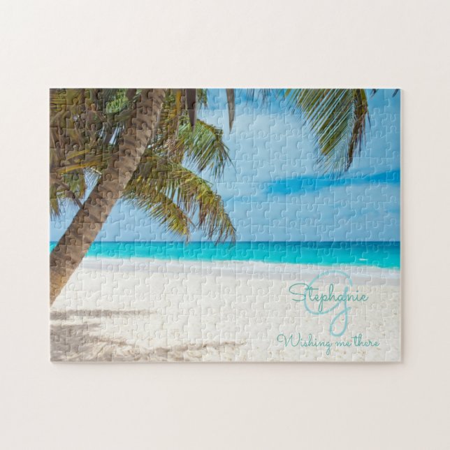 Tropical Beach Turquoise Monogram Palm Tree  Jigsaw Puzzle (Horizontal)