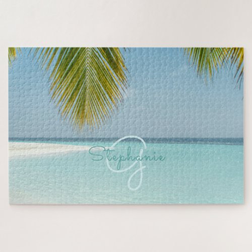 Tropical Beach Turquoise Monogram Palm Tree Jigsaw Puzzle