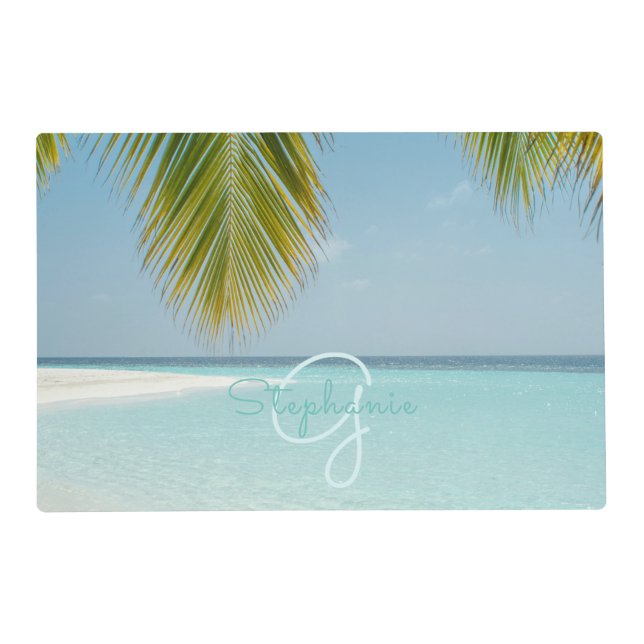 Tropical Beach Turquoise Monogram Palm Tree Placemat (Front)