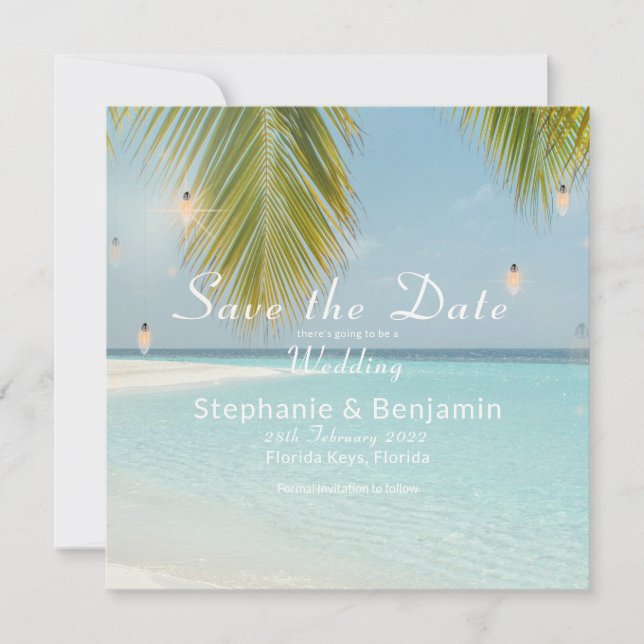 Tropical Beach Turquoise Palm Tree Square Flat Save The Date (Front)