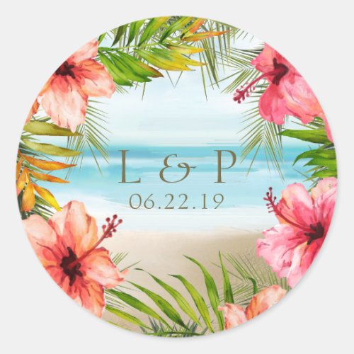 Tropical Beach Twilight  Hibiscus Floral Wedding Classic Round Sticker