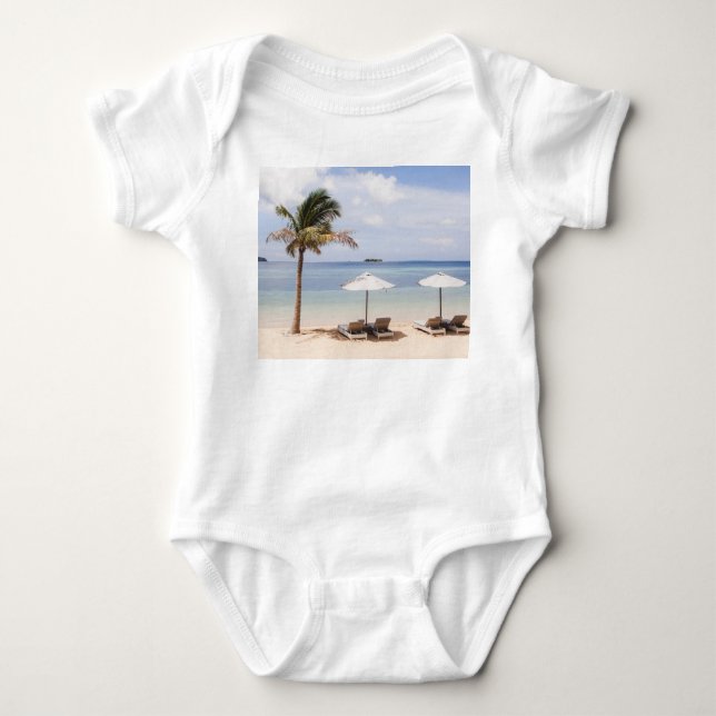 Tropical beach umbrellas: white, palm. baby bodysuit (Front)