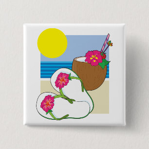 Tropical Beach Vacation Coconut Flowers Flip Flops Button