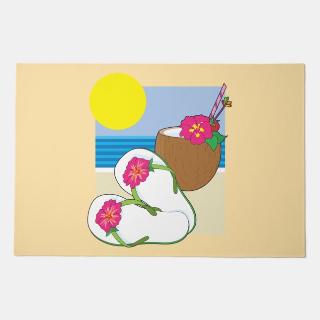 Tropical Beach Vacation Coconut Flowers Flip Flops Doormat (Front)