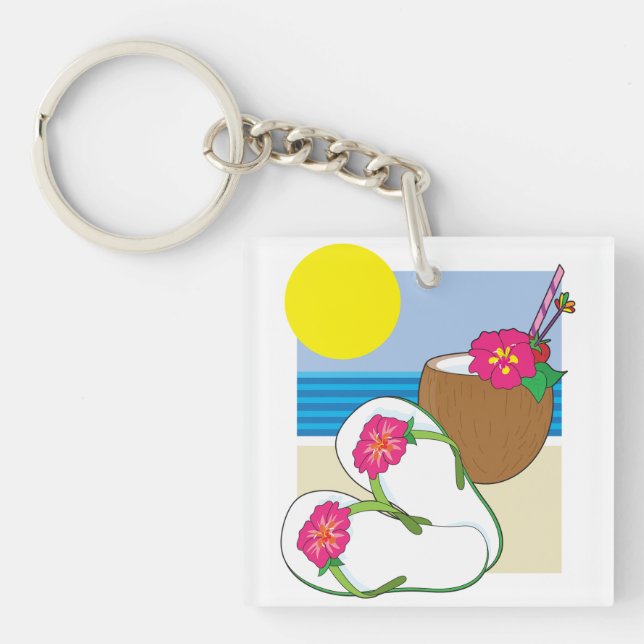 Tropical Beach Vacation Coconut Flowers Flip Flops Keychain (Front)