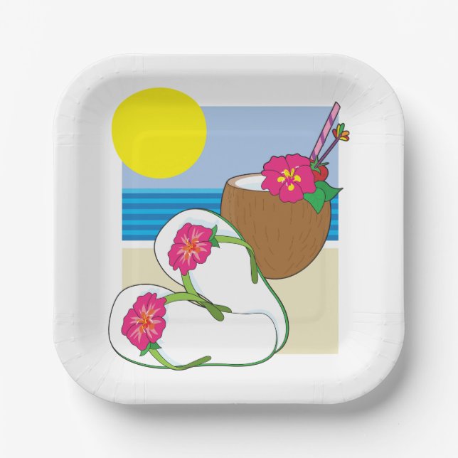 Tropical Beach Vacation Coconut Flowers Flip Flops Paper Plates (Front)