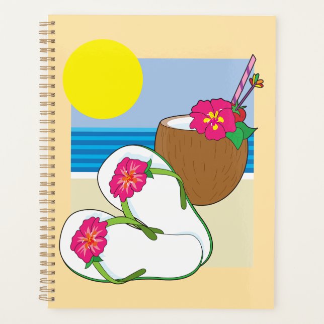 Tropical Beach Vacation Coconut Flowers Flip Flops Planner (Front)