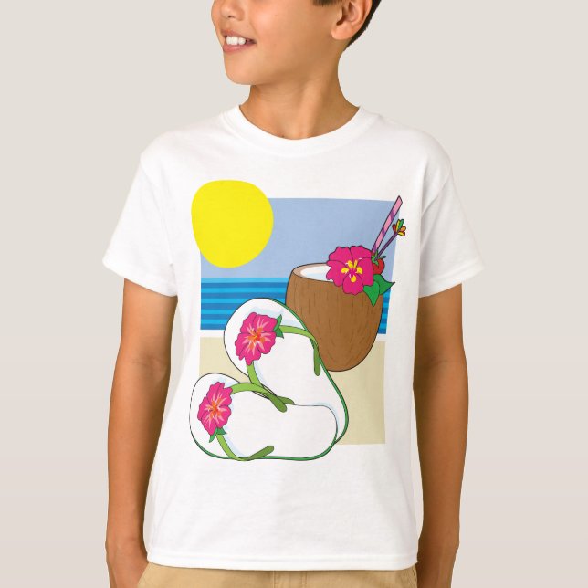 Tropical Beach Vacation Coconut Flowers Flip Flops T-Shirt (Front)