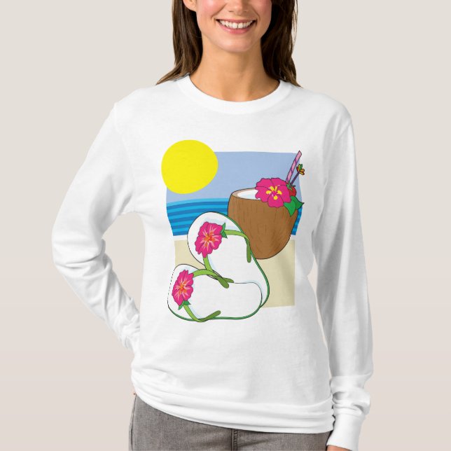Tropical Beach Vacation Coconut Flowers Flip Flops T-Shirt (Front)