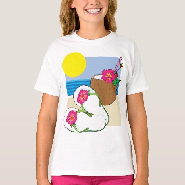 Tropical Beach Vacation Coconut Flowers Flip Flops T-Shirt (Front)