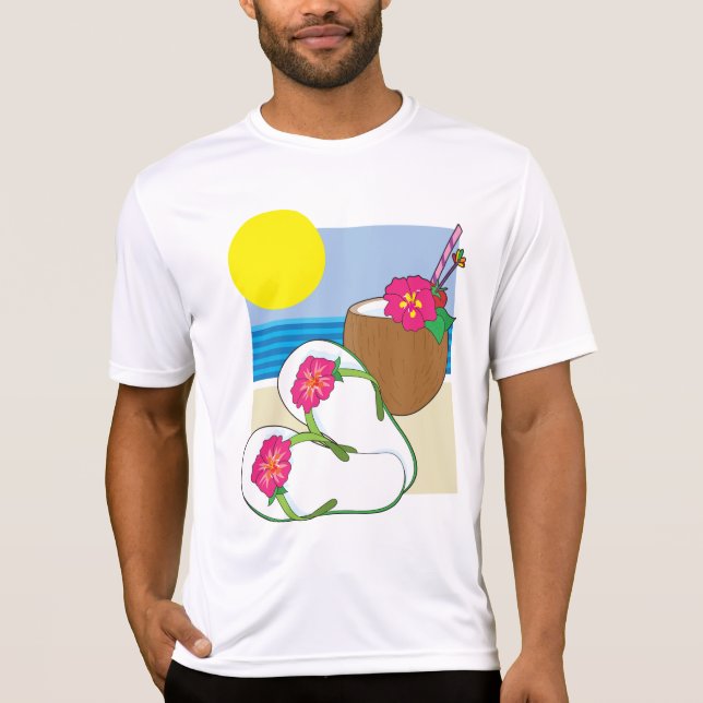 Tropical Beach Vacation Coconut Flowers Flip Flops T-Shirt (Front)