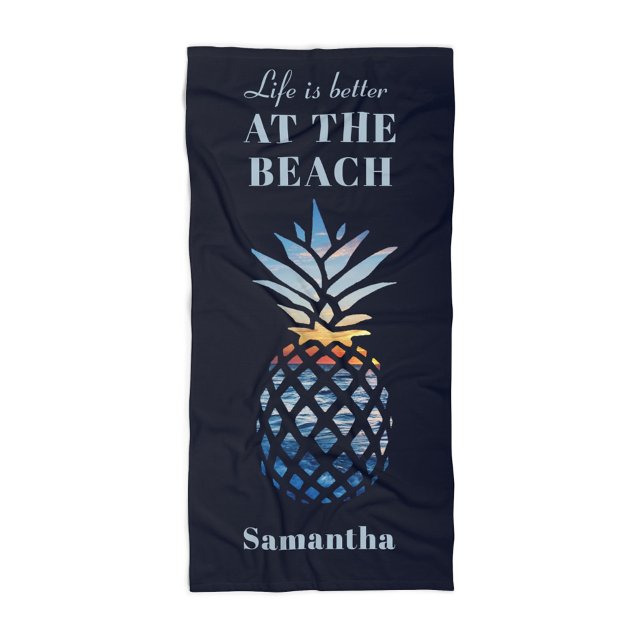 Tropical Beach Vacation Matching Family Custom Beach Towel (Life is Better At the Beach Pineapple Seaside Vacation Coastal Towel)