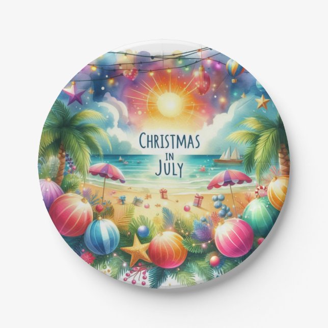 Tropical Beach Vibe Christmas In July  Paper Plates (Front)