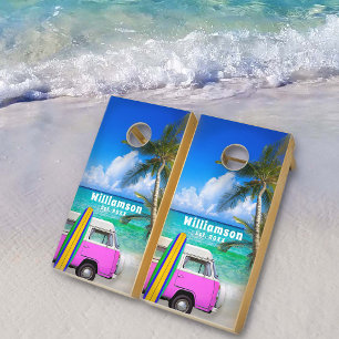Tropical Beach Vintage Pink Van Bus & Surfboard Cornhole Set