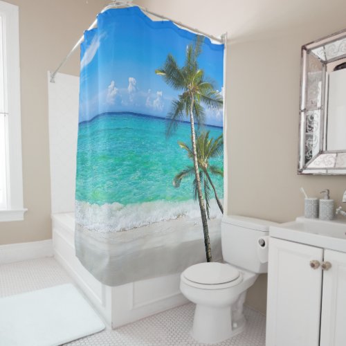 Tropical Beach w Palm Trees Aqua Ocean Scene Shower Curtain