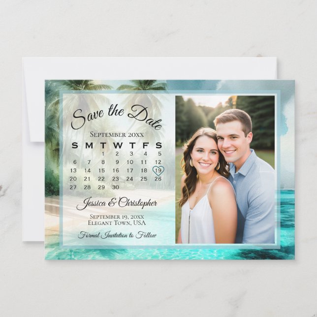 Tropical Beach Watercolor Calendar & Photo Wedding Save The Date (Front)