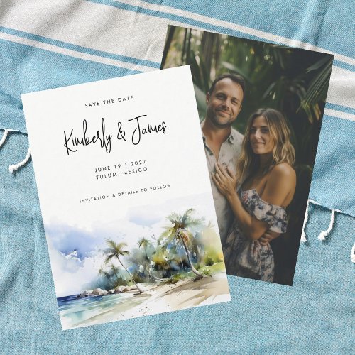 Tropical Beach Watercolor Destination Wedding Save The Date