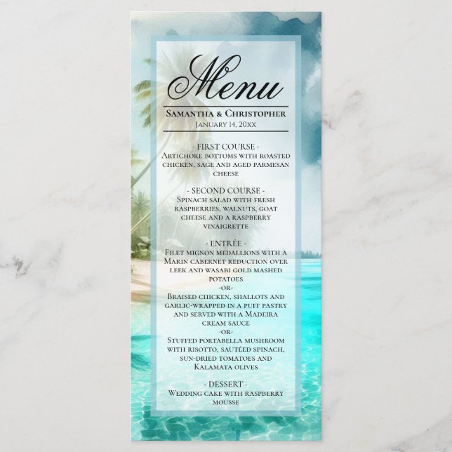Tropical Beach Watercolor Elegant Coastal Wedding Menu (Front)