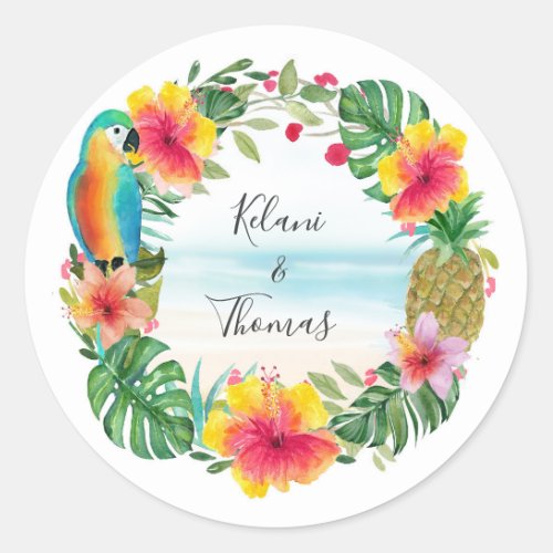 Tropical Beach Watercolor Floral Wreath Classic Round Sticker