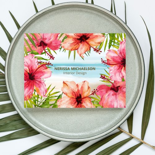 Tropical Beach Watercolor Hibiscus Flower  Palm Business Card