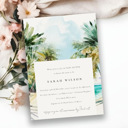 Tropical Beach Watercolor Palm Tree Baby Shower Invitation