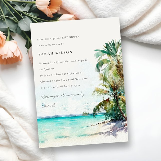 Tropical Beach Watercolor Palm Tree Baby Shower Invitation (Creator Uploaded)