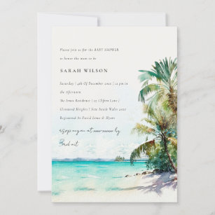 Tropical Beach Watercolor Palm Tree Baby Shower Invitation