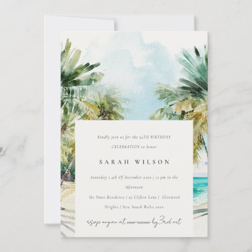 Tropical Beach Watercolor Palm Tree Birthday Invitation