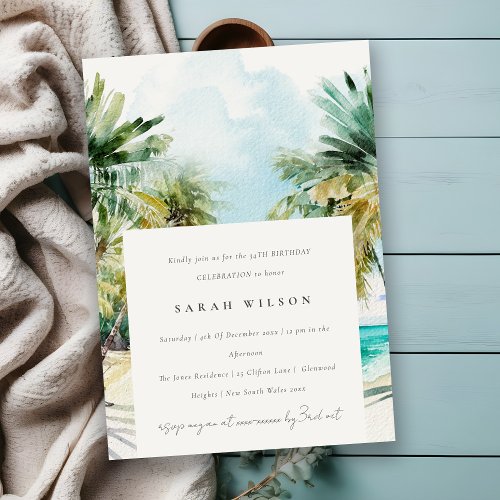 Tropical Beach Watercolor Palm Tree Birthday Invitation