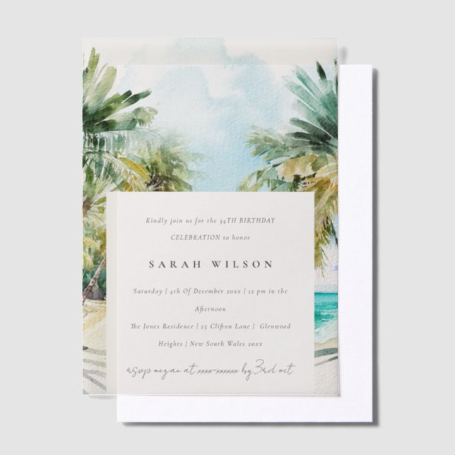 Tropical Beach Watercolor Palm Tree Birthday Vellum Invitations (Offset)