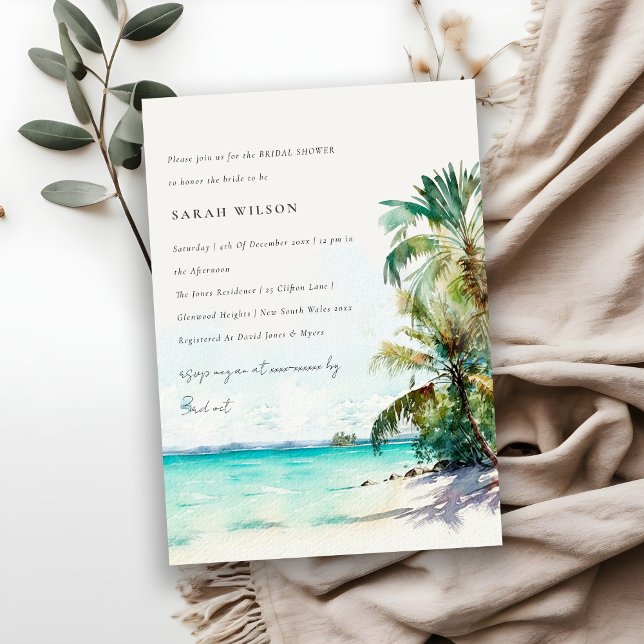 Tropical Beach Watercolor Palm Tree Bridal Shower Invitation (Creator Uploaded)
